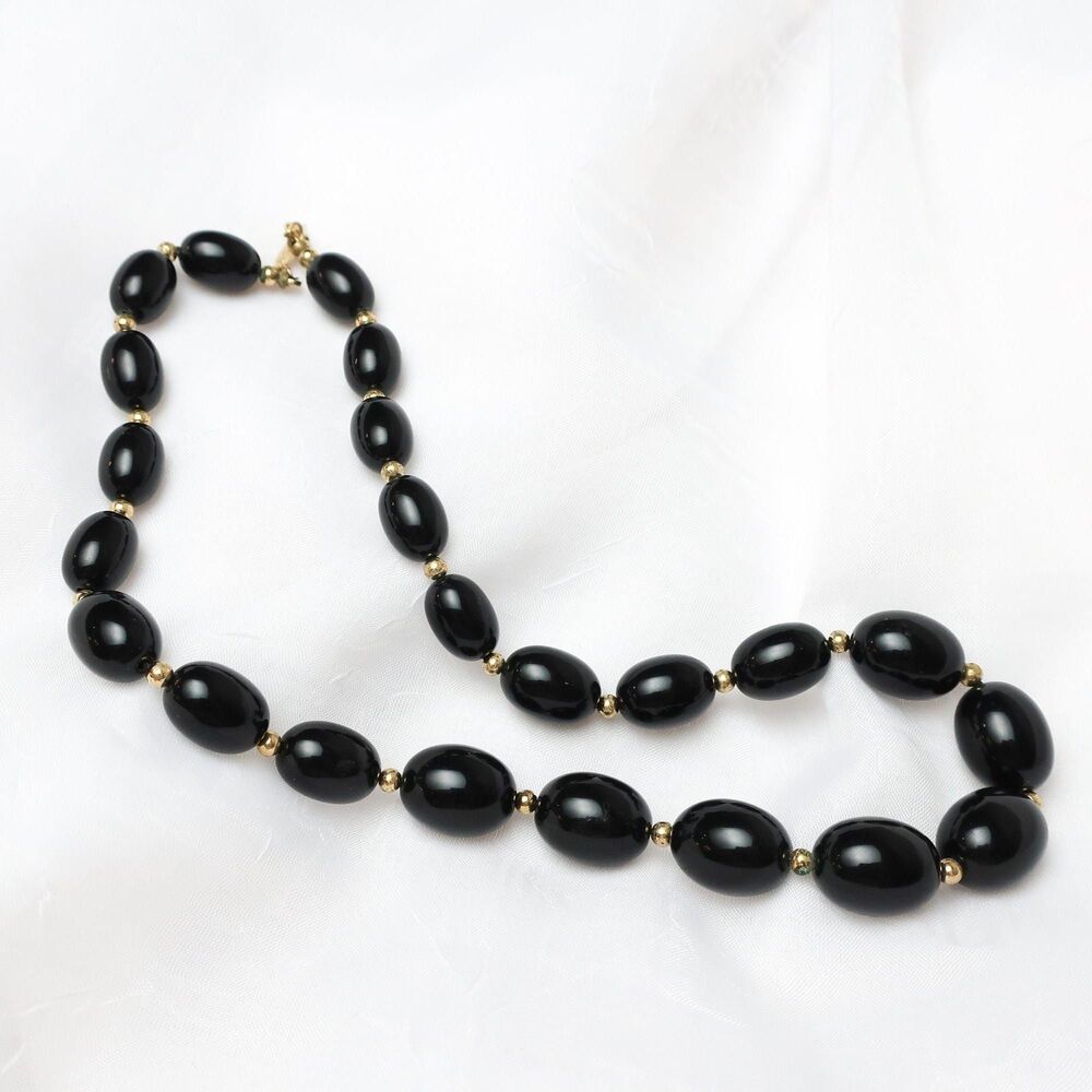 Vintage Napier Signed Black Gold Beaded Necklace 1980s Costume Statement Strand